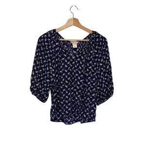 Rebecca Taylor Navy Patterned 3/4 Sleeves Silk Pleated Blouse Women's Size O